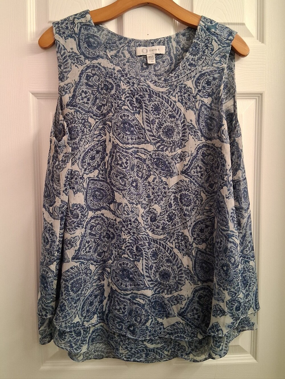 Cristina B Blue Patterned Sleeveless Blouse Large
